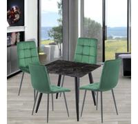 Urbn-Living Urbnliving 5Pcs Crimea Shinny Modern Ceramic Top Dining Table & Green Velvet Chairs With Metal Legs