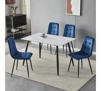 Urbn-Living Urbnliving 5Pcs Gloss White Modern Ceramic Top Dining Table & Blue Plush Velvet Chairs With Metal Legs