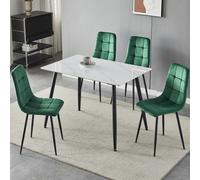 Urbn-Living Urbnliving 5Pcs Gloss White Modern Ceramic Top Dining Table & Green Plush Velvet Chairs With Metal Legs