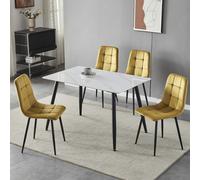 Urbn-Living Urbnliving 5Pcs Gloss White Modern Ceramic Top Dining Table & Yellow Plush Velvet Chairs With Metal Legs