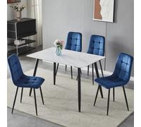 Urbn-Living Urbnliving 5Pcs White Matt Modern Ceramic Top Dining Table & Blue Plush Velvet Chairs With Metal Legs
