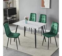 URBNLIVING 120cm Modern Ceramic Top Dining Table & 4 Comfortable Plush Velvet Chairs with Metal Legs Set for Kitchen, Dining Room