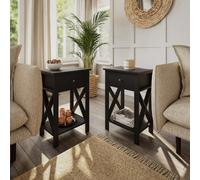 Urbn-Living Urbnliving 60Cm Height 2 Pcs Black Wooden 1-Drawer Bedside Sofa Side End Table X-Frame Nightstand With Storage Shelf