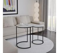 Urbn-Living Urbnliving 60Cm Height White Marble Wood Top With Black Metal Legs Round Nesting Stackable Sofa Side Bedside End Table Set Of 2