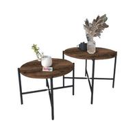Urbn-Living Urbnliving 65Cm Width 2Pcs Round Burnt Oak Wooden Nesting End Coffee & Side Table Set With Metal Legs