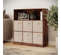 Urbn-Living Urbnliving 94Cm Height 7 Cubed Rustic Brown Wooden Cupboard Bookcase Storage Units Shelves With Beige 6 Drawers