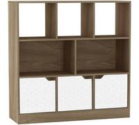 URBNLIVING Oak 8 Cube Asymmetrical Bookcase - Freestanding Storage Cabinet with 3 Doors - Geo Design Doors - White