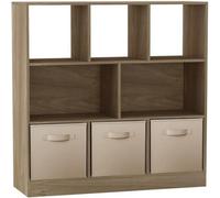 Urbn-Living Urbnliving Asymmetrical 8 Cube Oak Bookcase Storage Unit With 3 Fabric Drawer Inserts- Beige