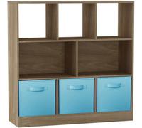 Urbn-Living Urbnliving Asymmetrical 8 Cube Oak Bookcase Storage Unit With 3 Fabric Drawer Inserts- Sky Blue