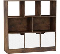 Urbn-Living Urbnliving Asymmetrical 8 Cube Rustic Brown Bookcase Freestanding Storage Unit With 3 Geo Design Doors - White