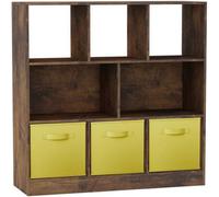 Urbn-Living Urbnliving Asymmetrical 8-Cube Rustic Brown Bookcase Storage Unit With 3 Fabric Drawer Inserts - Yellow