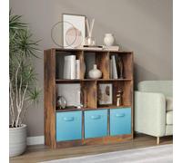 Urbn-Living Urbnliving Asymmetrical 8-Cube Rustic Brown Bookcase Storage Unit With 3 Fabric Drawer Inserts - Sky Blue