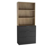 Urbn-Living Urbnliving Height 180Cm Black Drawers & Oak Bookcase 80Cm Width 3 Tier Wooden Storage Chest Cabinet & Display Bookcase Shelving