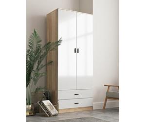Urbn-Living Urbnliving Height 180Cm Glossy Oak Carcass & White Drawers Tall 2 Door Wardrobe Bedroom Storage Hanging Rail Modern Furniture