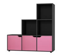 Urbn-Living Urbnliving Height 90.5Cm 6 Cube Step Storage Black Bookcase And Pink Doors For Home Office Organizer Display Shelf Unit