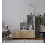 Urbn-Living Urbnliving Height 90.5Cm 6 Cube Step Storage Grey Bookcase And Oak Doors For Home Office Organizer Display Shelf Unit