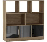 Urbn-Living Urbnliving Oak 8 Cube Asymmetrical Bookcase With 3 Black Gloss Doors Freestanding Storage Unit