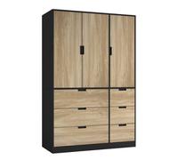 Urbn-Living Urbnliving Wooden 3 Door 6 Drawer Wardrobe Bedroom Storage Closet Shelves Hanging Rail Black Unit - Oak Doors Drawers