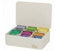 Urbn-Living Wooden Tea Storage Box Organiser Kitchen Tea Bag Holder With Lid - Cream 6 Compartment