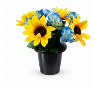 Urbn-Living Yellow & Blue Sunflower & Hydrangea Set Of 1 Artificial Silk Flower Grave Pot Memorial Arrangement Graveside Cemetery