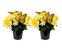 Urbn-Living Yellow Daffodil & Butterfly Set Of 2 Artificial Silk Flower Grave Pot Memorial Arrangement Graveside Cemetery