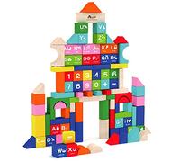URBN-TOYS 100pcs Early Education ABC & Numbers Wooden Building Construction Blocks in Bucket With Shape Sorter Lid