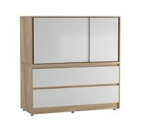 Urbnliving 120Cm Height Oak With 3 Sliding White Door 4 Drawer Bedside Cabinet Storage End Unit Bedroom Furniture