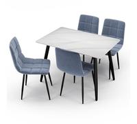 URBNLIVING 120cm Modern Ceramic Top Dining Table & 4 Comfortable Plush Velvet Chairs with Metal Legs Set for Kitchen, Dining Room