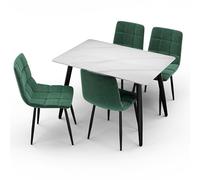 URBNLIVING 120cm Modern Ceramic Top Dining Table & 4 Comfortable Plush Velvet Chairs with Metal Legs Set for Kitchen, Dining Room