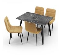 URBNLIVING 120cm Modern Ceramic Top Dining Table & 4 Comfortable Plush Velvet Chairs with Metal Legs Set for Kitchen, Dining Room