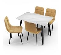 URBNLIVING 120cm Modern Ceramic Top Dining Table & 4 Comfortable Plush Velvet Chairs with Metal Legs Set for Kitchen, Dining Room