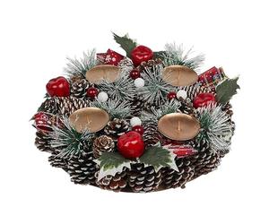 URBNLIVING 15/26/27cm Christmas Wreath with 1/2/4 Pcs Festive Candle Holder Centrepiece Arrangement Artificial Foliage Pinecones Berries Decor for Dining Table Front Door Xmas Party Decoration