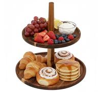 URBNLIVING 2-Tier Acacia Wood Cake Stand - Rustic Round Serving Platter & Food Display Rack for Tea, Desserts, and Snacks