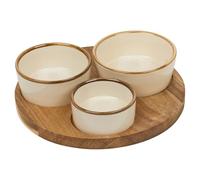 URBNLIVING 3 Ceramic Tapas Serving Bowls on Natural Acacia Wooden Tray - Snack & Dip Set for Condiments, Nuts, Sauces, Olives & Party Appetisers - Stylish Tableware for Entertaining & Gifting