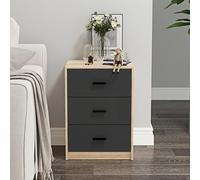 URBNLIVING 3 Drawer Wooden Bedroom Bedside Cabinet (Oak Carcass + Black Drawers)