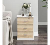 URBNLIVING 3 Drawer Wooden Bedroom Bedside Cabinet (White Carcass + Oak Drawers)