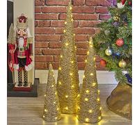 URBNLIVING 3 Pcs Light Up LED Christmas Tree Cones, Xmas Cone Pyramids with LED Fairy Light Strings for Home Decor Window Display, 40-80cm Tall, 3 x AA Batteries (Gold with Glitter)