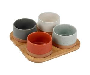 URBNLIVING 4/5 Pc Stoneware Serving Condiment Sets Snack Dishes Bamboo Rectangular Paddle Square Board Platter