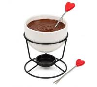 URBNLIVING 4 Piece Chocolate Fondue Set Ceramic Pot with Heart Handle Forks | White Glazed Bowl For Two, Black Warmer, Red Grips, Two-Pronged Tips, Dishwasher Safe, Tealight Not Included, D10xW10xH11.5cm