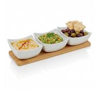 URBNLIVING 4-Piece Porcelain Dip Bowl Set with Bamboo Tray - Square Tapas, Snack & Appetizer Serving Dish - Elegant Entertaining & Party Serving Board
