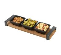 URBNLIVING 4-Piece Serving Set - 3 Black Ceramic Square Bowls with Acacia Wood Board & Metal Handles - Stylish Tapas, Snacks, Dips & Appetiser Platter in Gift Box - Ideal for Relishes, Chutneys