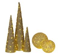 URBNLIVING 5 Pcs LED Light Up Christmas Decorations Set, Tree Pyramid Cones and Sphere Balls with Fairy Lights, Battery Operated Christmas Display (Gold with Glitter)
