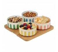 URBNLIVING 5-Piece Porcelain Ceramic Dish Serving Set - 4 Colorful Striped Bowls with Bamboo Tray for Snacks, Tapas, Dips & Condiments (Square)