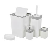 URBNLIVING 5pcs Luxury Plastic Bathroom Accessories Set Beige Grey Modern Bin Soap Dispenser Toothbrush Holder Soap Dispenser WC Brush (White)