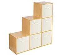 URBNLIVING 6 Cube Beech Step Storage Shelf Unit & 6 Cream Drawers