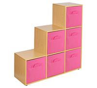 URBNLIVING 6 Cube Beech Step Storage Shelf Unit & 6 Dark Pink Drawers