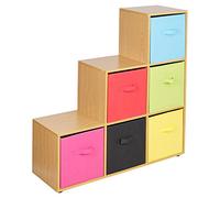 URBNLIVING 6 Cube Beech Step Storage Shelf Unit & 6 Multi Colour Drawers