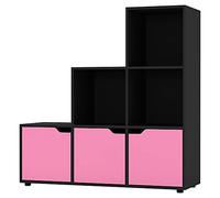 URBNLIVING 6 Cube Step Storage Bookshelf Unit + 3 Doors (Black Bookshelf + Pink Doors)