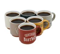 URBNLIVING 6-Piece Stoneware Coffee Mug Set, Vintage Cafe Style Cups in Assorted Colours, Retro Tea & Espresso Mugs, Dishwasher & Microwave Safe, Ideal for Home or Office, 120ml & 260ml Options
