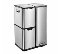 URBNLIVING 60L 3 Compartment Recycling Bin Stainless Steel Kitchen Silver | Step-On Pedal, Hands-Free Lid, Pull-Out Drawer, Roll-Out Trolley, Side Handles, 30L + 15L + 15L, D39xW46.7xH71.9cm